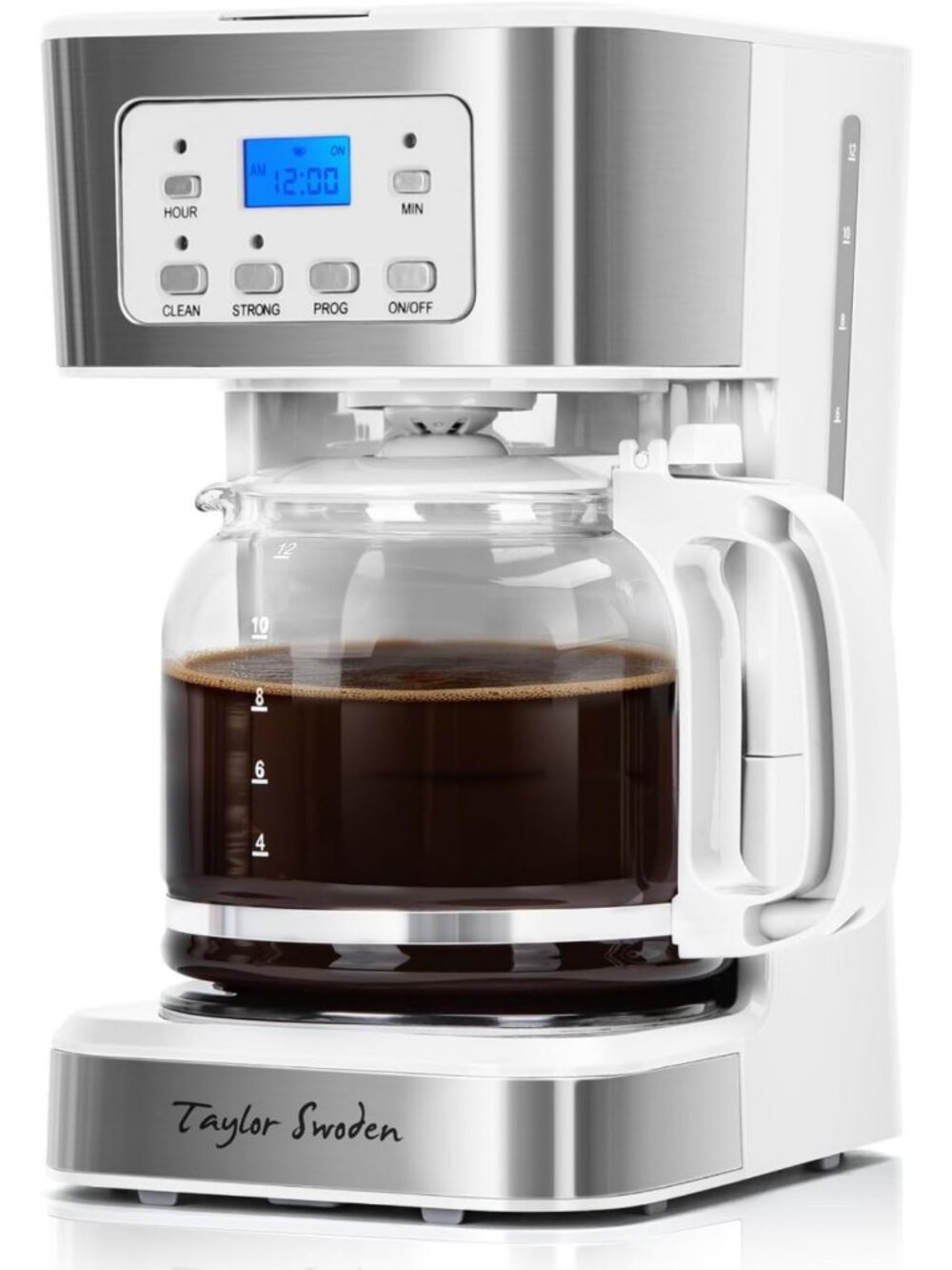 12-Cup Programmable Coffee Maker - White & Stainless Steel, Easy Brew & Timer